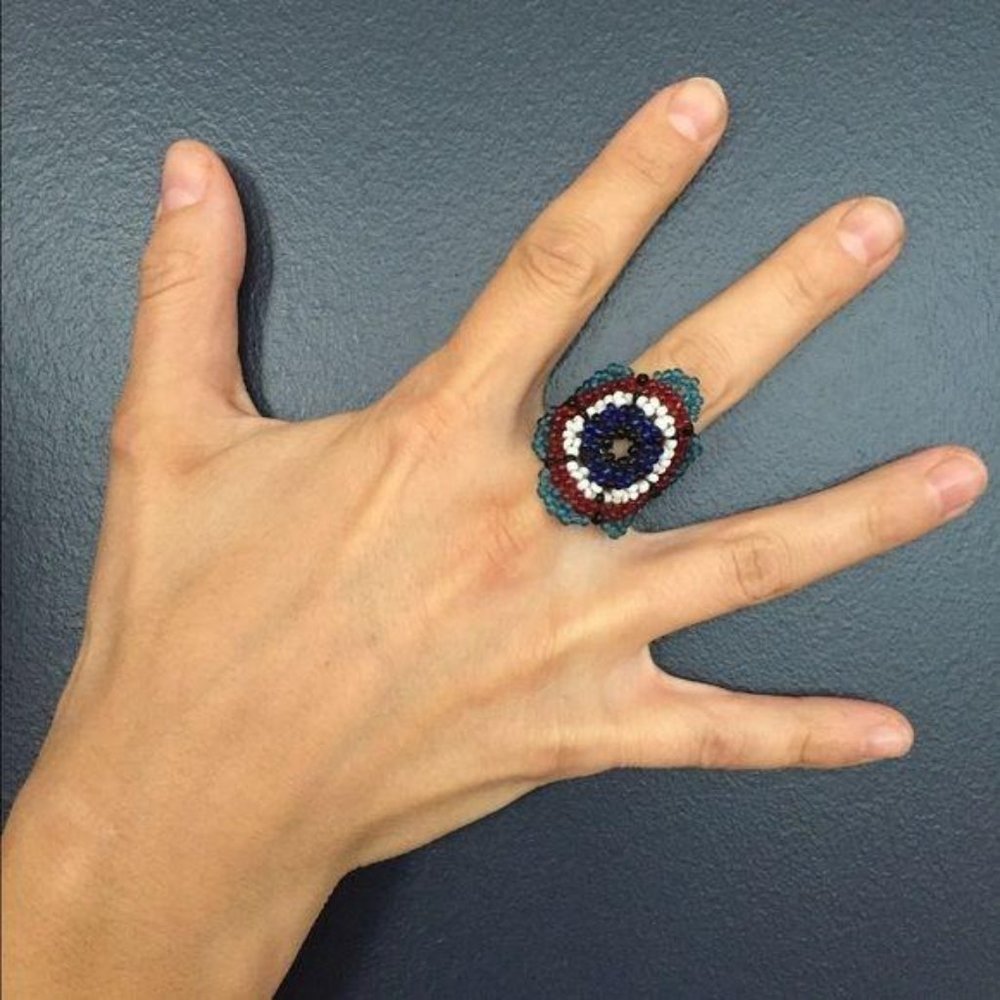 Hand Beaded Ring Floral Mexican Artisanal  Color B - Picture 2 of 3